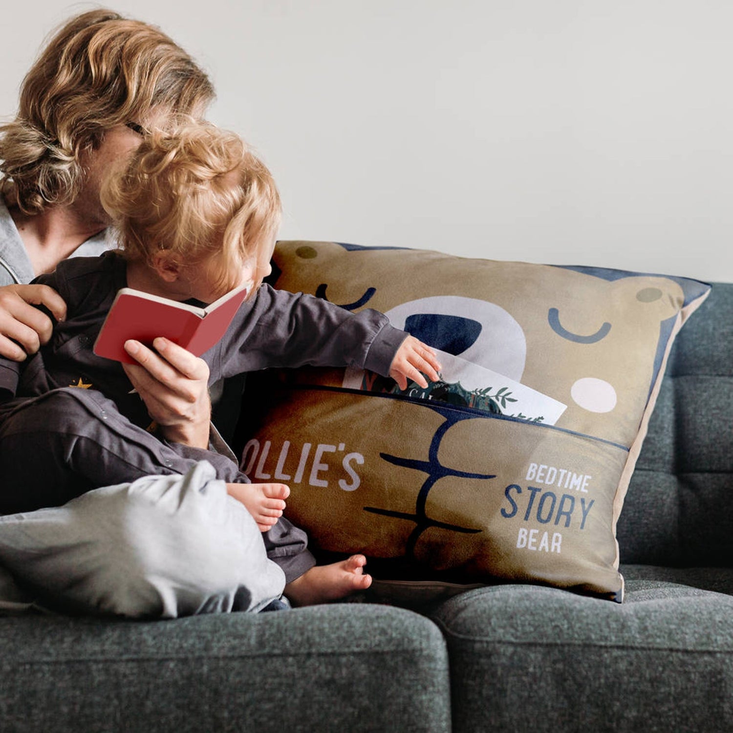 A large bedtime story bear cushion, with adorable bear design and pocket to keep a bedtime story in.